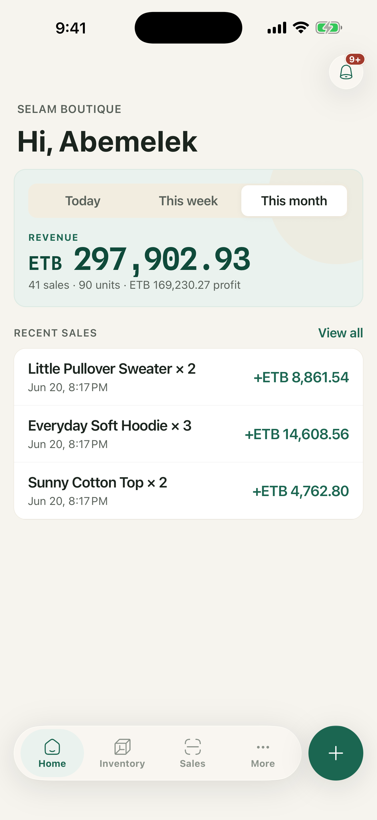 Erefta home — store dashboard with revenue, profit, and recent sales