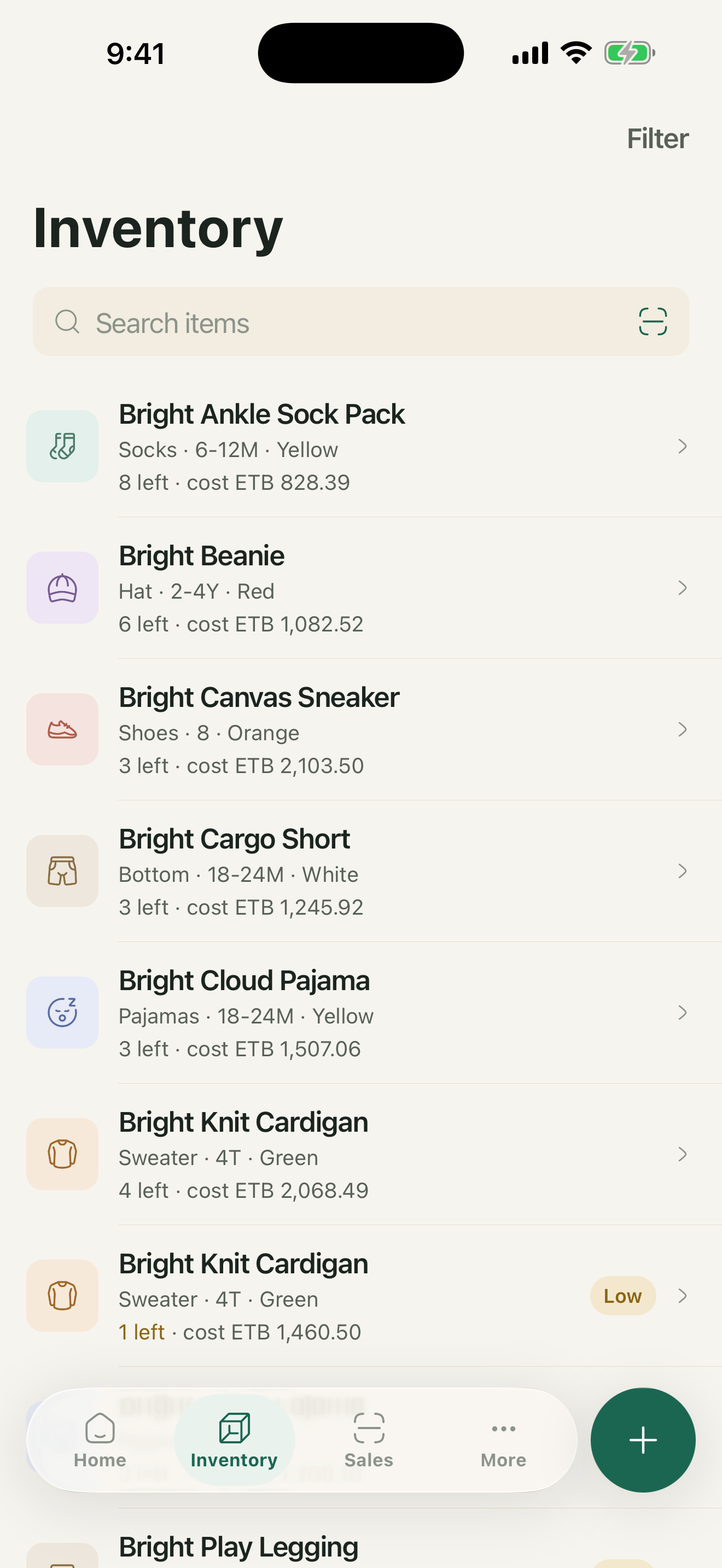 Inventory list with live stock counts