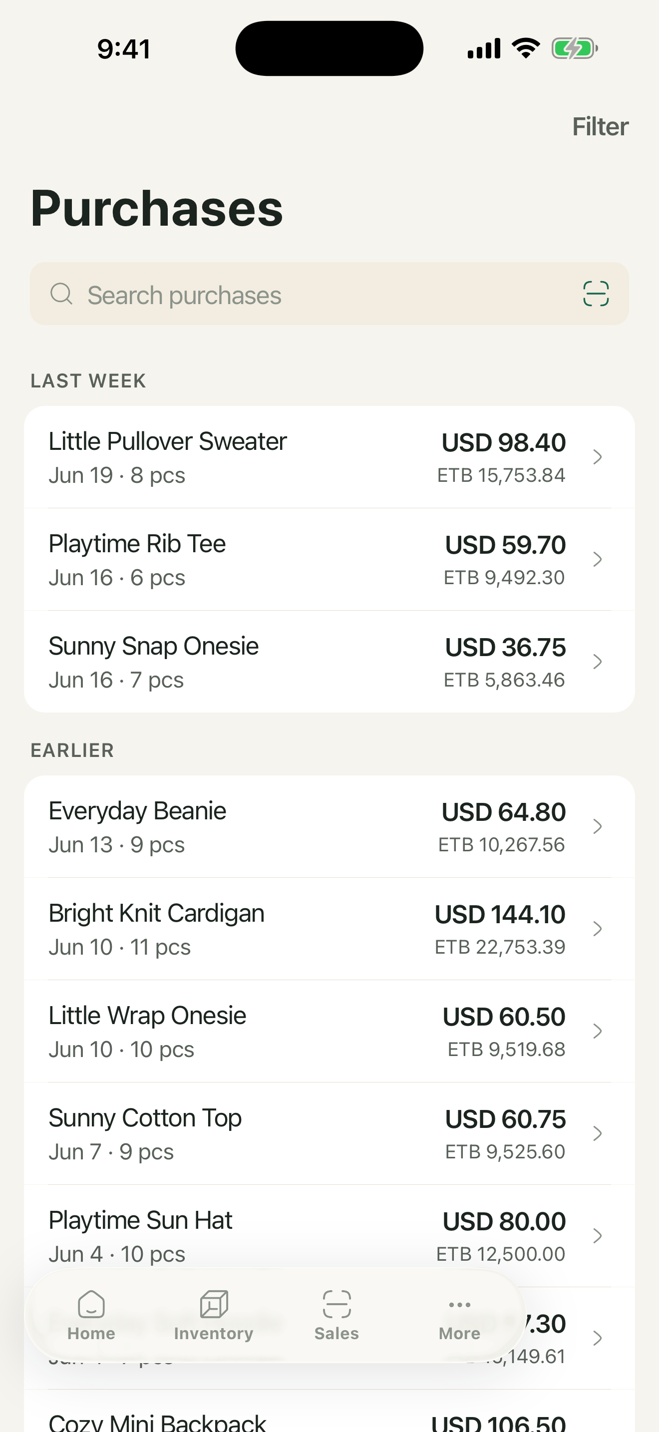 Purchases log showing USD cost and birr conversion