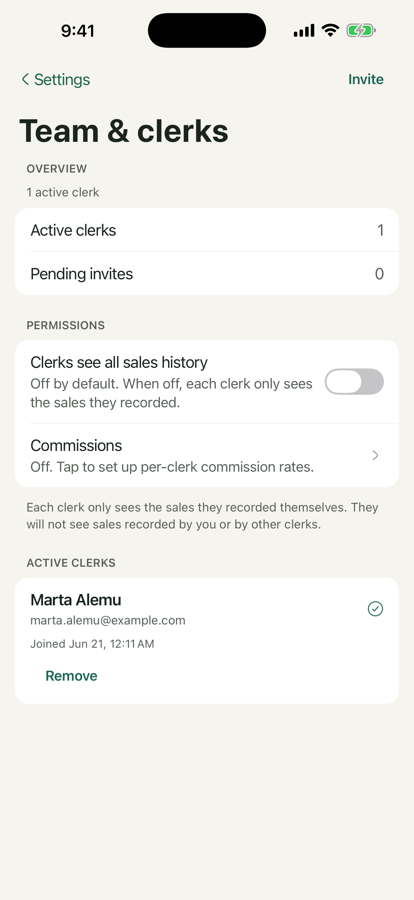 Team screen with clerk roles and permissions